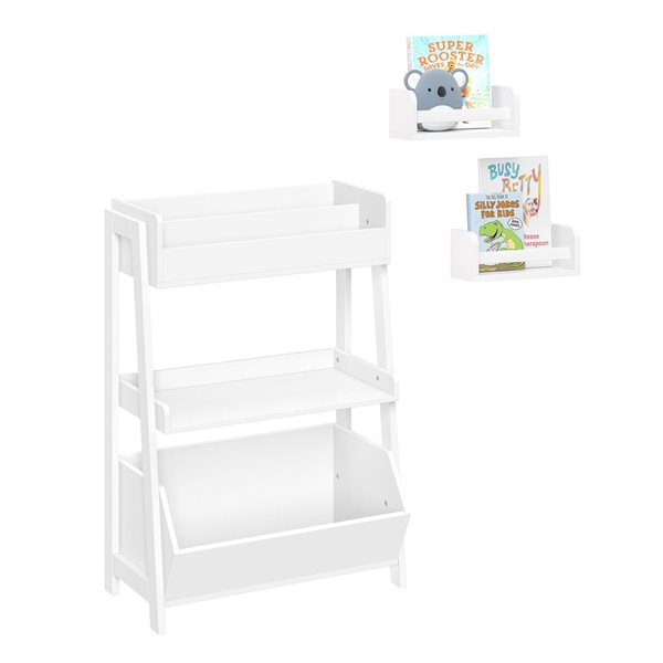 Étagère à 3 tablettes pour enfants avec porte-livres, rangement pour jouets et 2 porte-livres suspendus 10 po, blanc