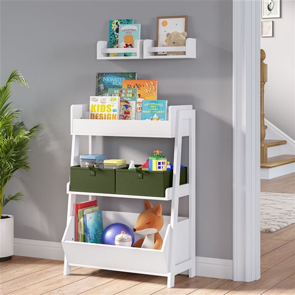 Étagère à 3 tablettes pour enfants avec porte-livres, rangement pour jouets et 2 porte-livres suspendus 10 po, blanc