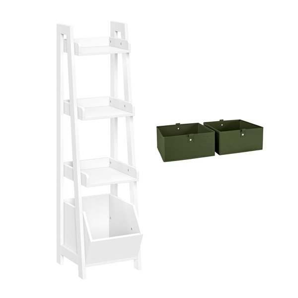 RiverRidge Home Kids White 4-Tier 13-in Ladder Shelf with Toy Organizer and 2-PC Olive Bins