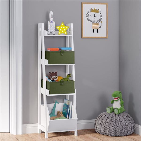 RiverRidge Home Kids White 4-Tier 13-in Ladder Shelf with Toy Organizer and 2-PC Olive Bins