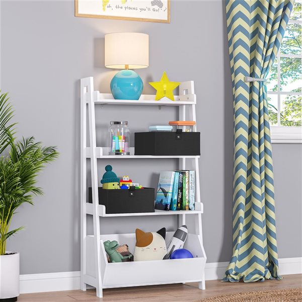 Étagère de 24 po à 4 tablettes pour enfants River Ridge Home blanche avec rangement pour jouets et 2 bacs noirs