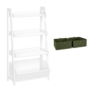 RiverRidge Home White 24-in Kids 4-Tier Ladder Shelf with Toy Organizer and 2-PC Olive Bins