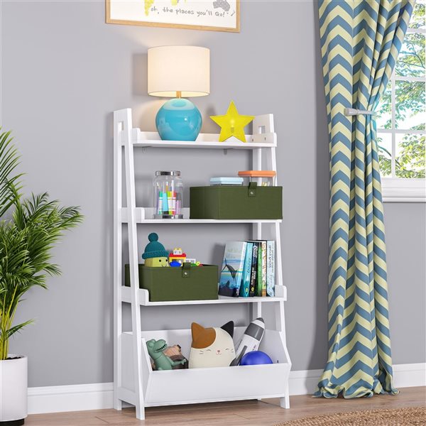 Étagère de 24 po à 4 tablettes pour enfants River Ridge Home blanche avec rangement pour jouets et 2 bacs olive