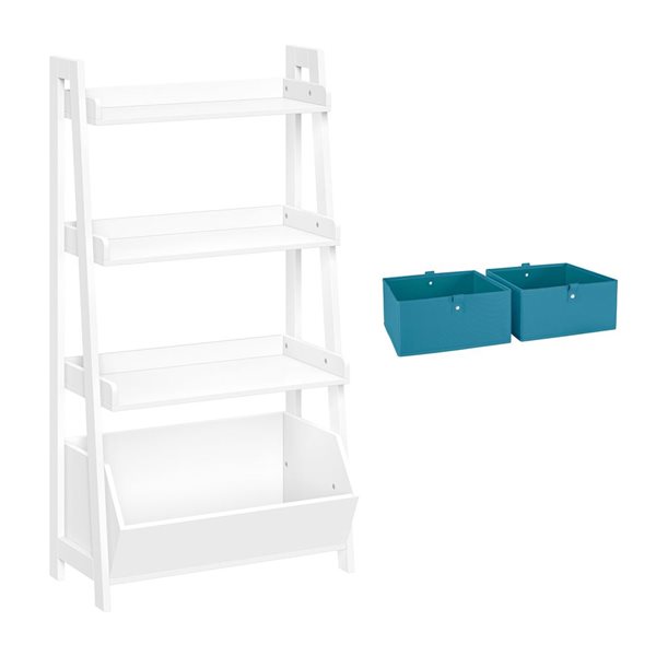 RiverRidge Home Kids White 4-Tier 24-in Ladder Shelf with Toy Organizer and 2-PC Turquoise Bins