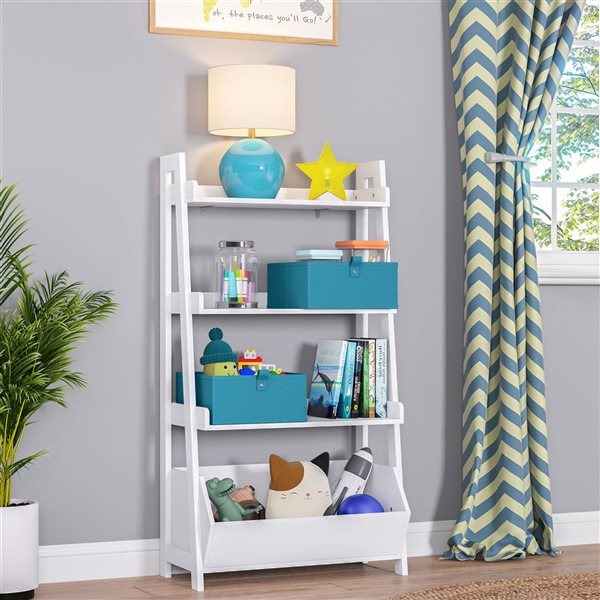 RiverRidge Home Kids White 4-Tier 24-in Ladder Shelf with Toy Organizer and 2-PC Turquoise Bins