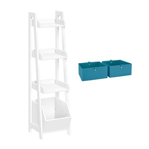 RiverRidge Home Kids White 4-Tier 13-in Ladder Shelf with Toy Organizer and 2-PC Turquoise Bins