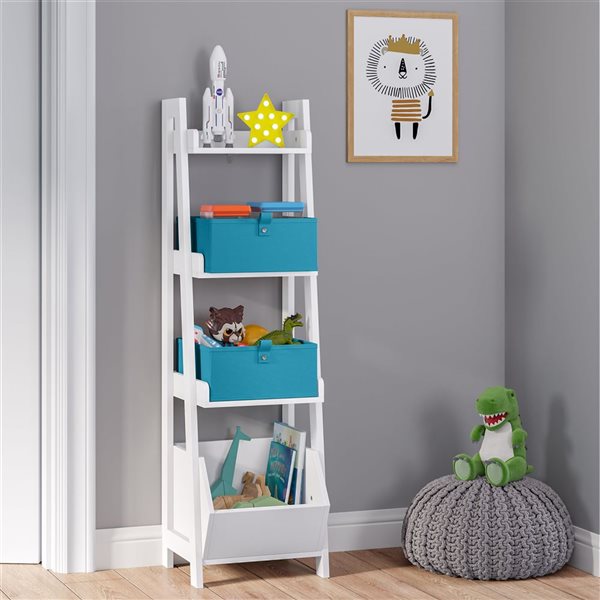 Étagère de 13 po à 4 tablettes pour enfants River Ridge Home blanche avec rangement pour jouets et 2 bacs turquoise