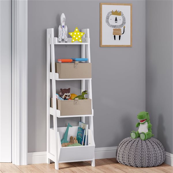 RiverRidge Home Kids White 4-Tier 13-in Ladder Shelf with Toy Organizer and 2-PC Taupe Bins