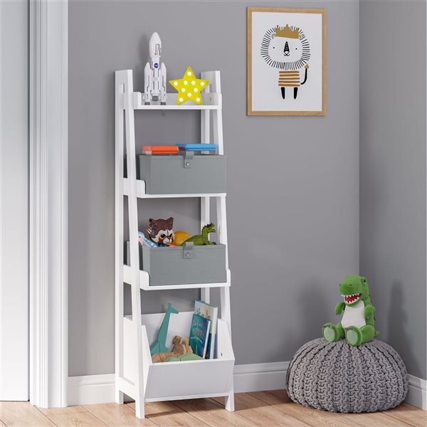 RiverRidge Home Kids White 4-Tier 13-in Ladder Shelf with Toy Organizer and 2-PC Gray Bins