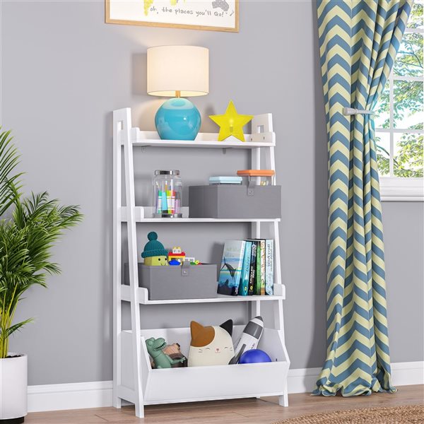 Étagère de 24 po à 4 tablettes pour enfants River Ridge Home blanche avec rangement pour jouets et 2 bacs gris