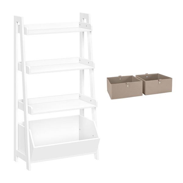 RiverRidge Home Kids White 4-Tier 24-in Ladder Shelf with Toy Organizer and 2-PC Taupe Bins