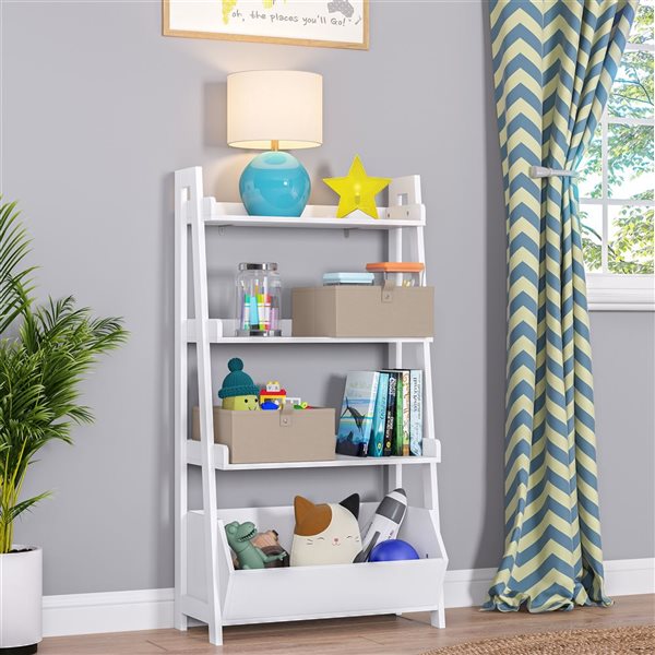 RiverRidge Home Kids White 4-Tier 24-in Ladder Shelf with Toy Organizer and 2-PC Taupe Bins