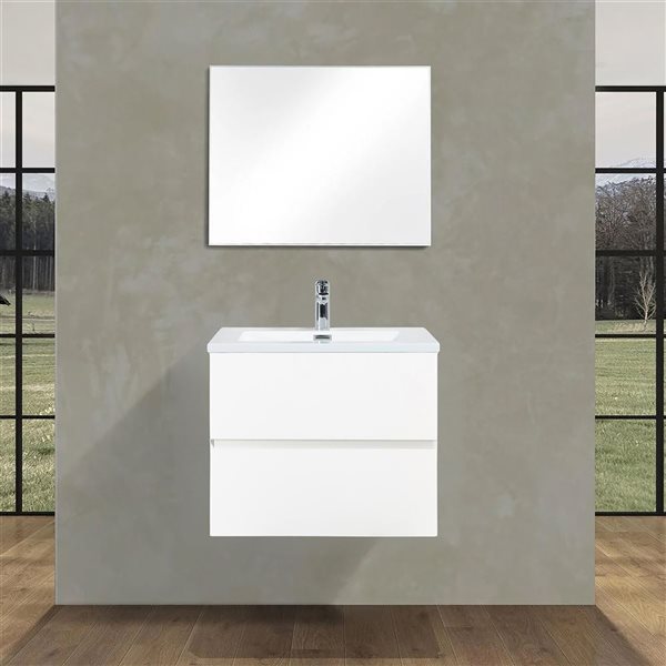 Meuble-lavabo mural Sadie par GEF 24 po blanc avec dessus en polymarbre blanc et évier simple - KD