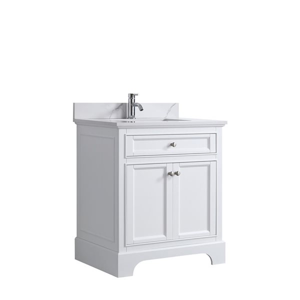 Meuble-lavabo autoportant Milanew par GEF 30 po blanc avec évier simple en marbre Calcutta d'ingénierie - KD