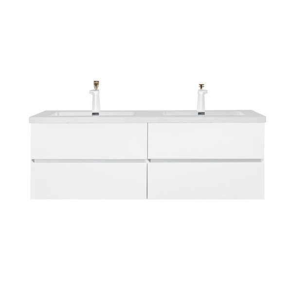 Meuble-lavabo mural Sadie par GEF 60 po blanc avec dessus en polymarbre blanc et évier double