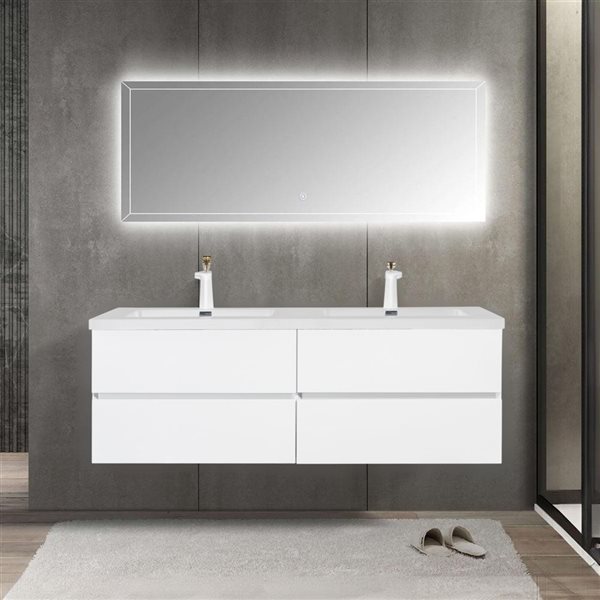 GEF Sadie 60-in White Wall Mount Vanity with White Polymarble Top Double Sink