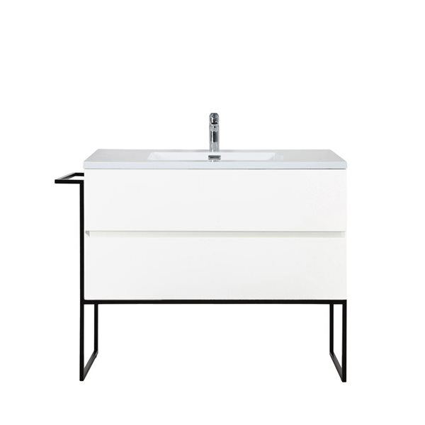 Meuble-lavabo mural Sadie par GEF 40 po blanc avec dessus en polymarbre blanc et évier simple et cadre en métal