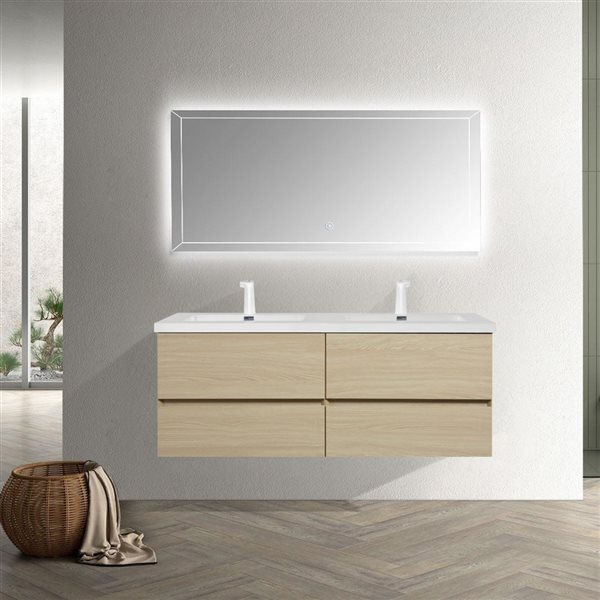 Meuble-lavabo mural Sadie par GEF 60 po blé avec dessus en polymarbre blanc et évier double