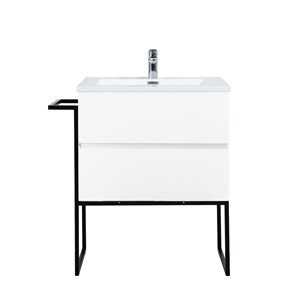 Meuble-lavabo mural Sadie par GEF 24 po blanc avec dessus en polymarbre blanc et évier simple et cadre en métal