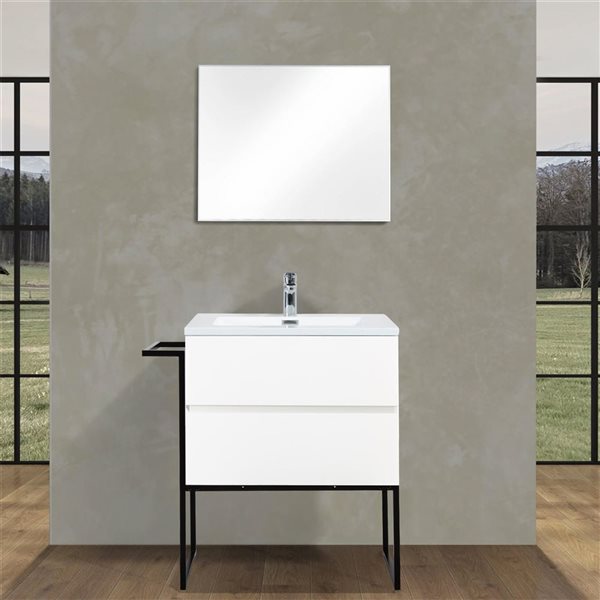 Meuble-lavabo mural Sadie par GEF 24 po blanc avec dessus en polymarbre blanc et évier simple et cadre en métal