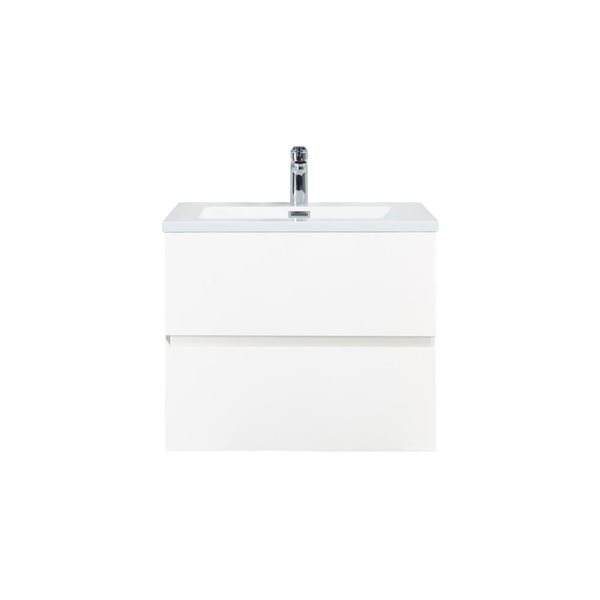 Meuble-lavabo mural Sadie par GEF 24 po blanc avec dessus en polymarbre blanc et évier simple et cadre en métal