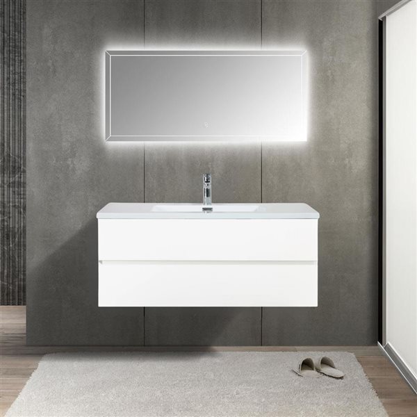 Meuble-lavabo mural Sadie par GEF 48 po blanc avec dessus en polymarbre blanc et évier simple