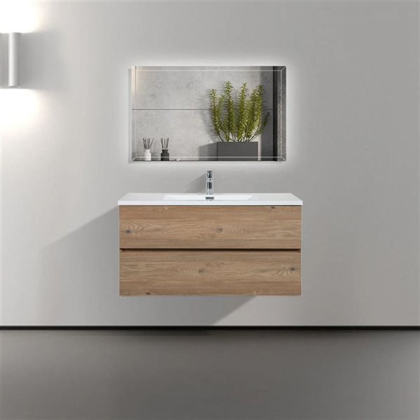 Meuble-lavabo mural Sadie par GEF 40 po chêne brut avec dessus en polymarbre blanc et évier simple - KD