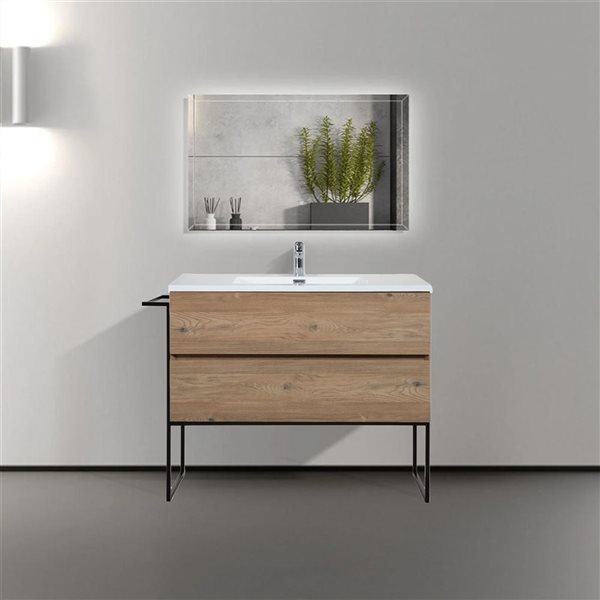 Meuble-lavabo mural Sadie par GEF 40 po chêne brut avec dessus en polymarbre blanc et évier simple et cadre en métal - KD