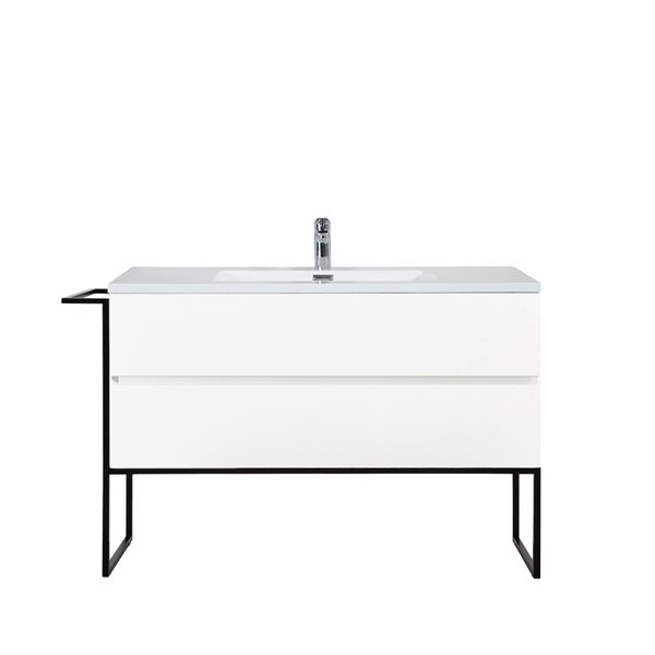 Meuble-lavabo mural Sadie par GEF 48 po blanc avec dessus en polymarbre blanc et évier simple et cadre en métal