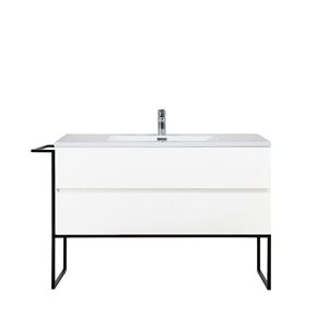 Meuble-lavabo mural Sadie par GEF 48 po blanc avec dessus en polymarbre blanc et évier simple et cadre en métal