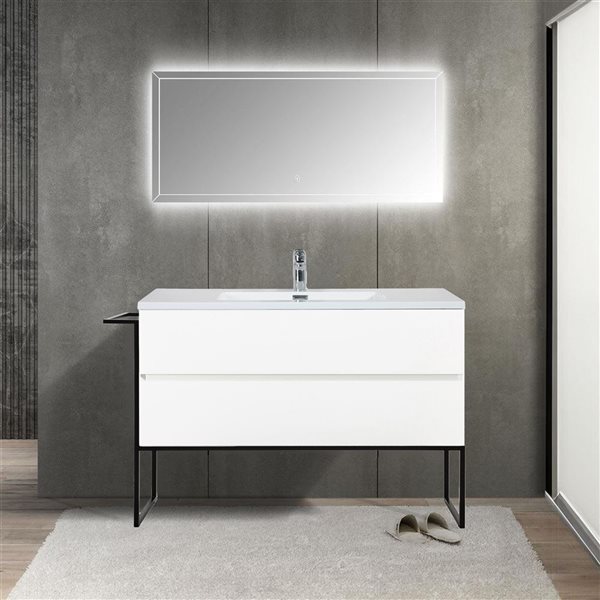 Meuble-lavabo mural Sadie par GEF 48 po blanc avec dessus en polymarbre blanc et évier simple et cadre en métal