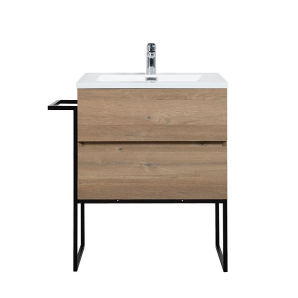 Meuble-lavabo mural Sadie par GEF 24 po chêne brut avec dessus en polymarbre blanc et évier simple et cadre en métal - KD