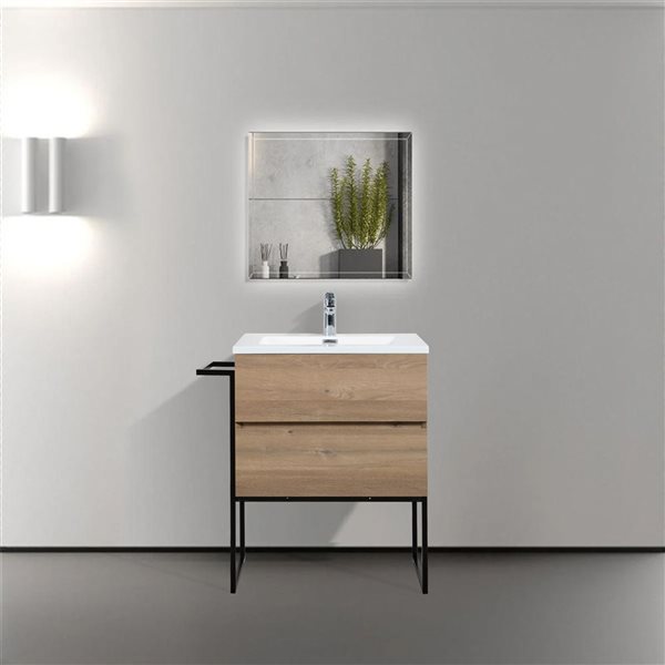 GEF Sadie 24-in Rough Oak Wall Mount Vanity with White Polymarble Top Single Sink with Metal Frame - KD