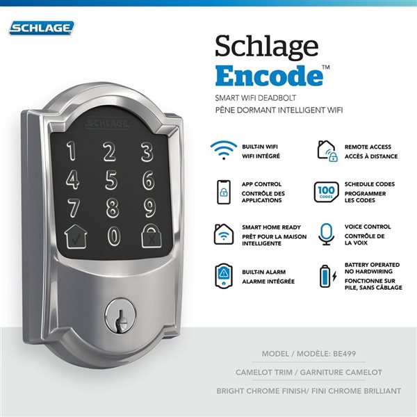 Pêne dormant intelligent Schlage Camelot Encode chrome brillant avec connectivité Wi-Fi