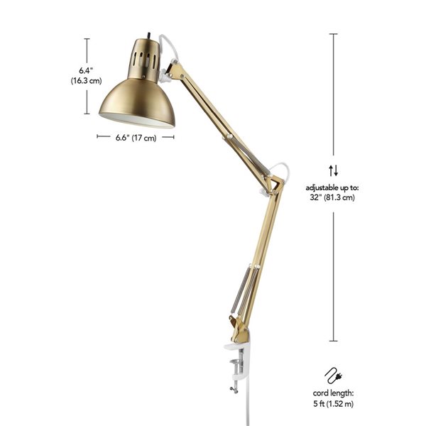 Globe Electric 32-in Matte Brass Multi-Joint Desk Lamp with Metal Clamp