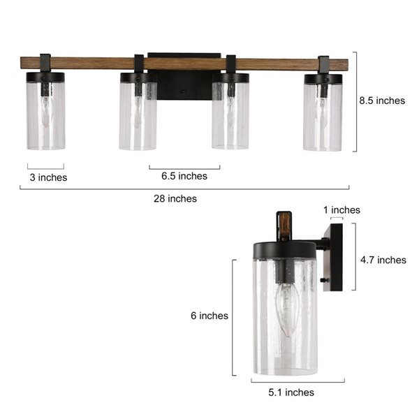 LNC 29-in 4-Light Matte Black and Wood Tone LED Farmhouse Vanity Light Bar