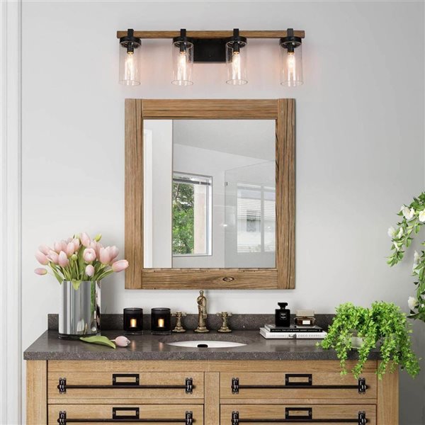 LNC 29-in 4-Light Matte Black and Wood Tone LED Farmhouse Vanity Light Bar