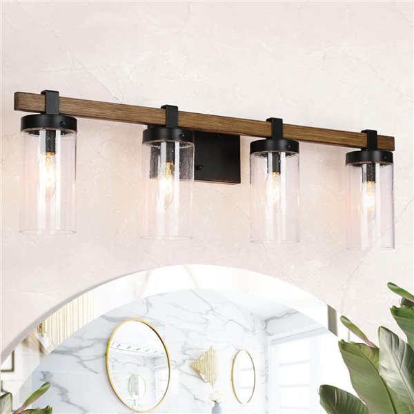 LNC 29-in 4-Light Matte Black and Wood Tone LED Farmhouse Vanity Light Bar