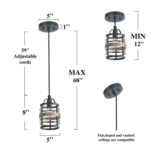 LNC Castle Dark Grey and Wood Grain Farmhouse Cylinder Mini Kitchen Island Light