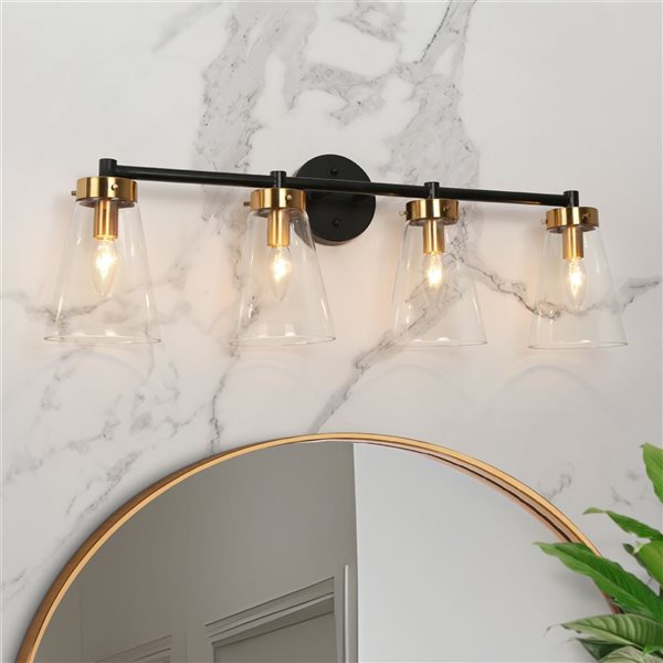 LNC Dinoe 4-Light Matte Black and Polish Gold Modern/Contemporary Vanity Light Bar