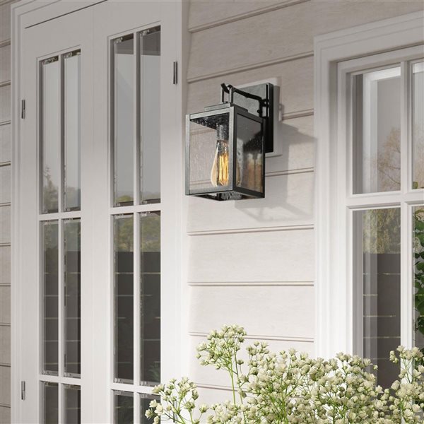 LNC Pict 1-Light 11-in Black and Seeded Glass Outdoor Wall Light