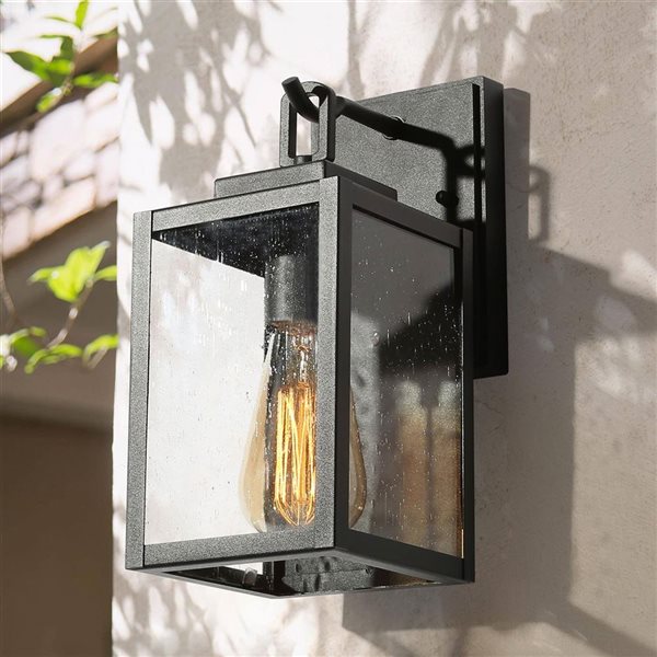 LNC Pict 1-Light 11-in Black and Seeded Glass Outdoor Wall Light