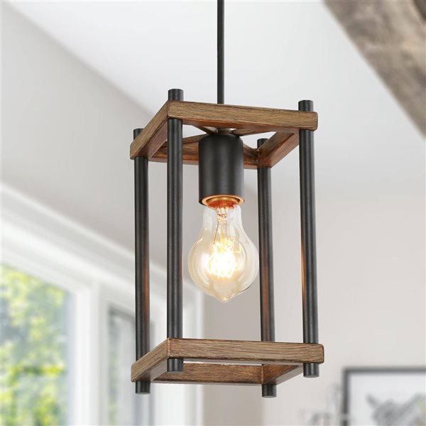 LNC 5-in W 1-Light Black and Brown Tone Farmhouse Lantern LED Mini Pendant Lighting