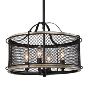 LNC Silla 4-Light Matte Black/Light Grey Wood Drum Farmhouse Chandelier