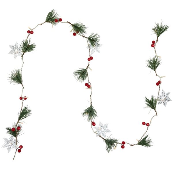 Northlight 6-ft Pre-Lit B/O Pine  Berry and Snowflake Christmas Garland - Warm White LED Lights