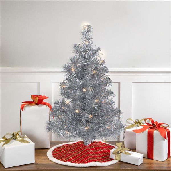 Northlight 2-ft Pre-lit Medium Silver Iridescent Tinsel Pine Artificial Christmas Tree  Clear Lights