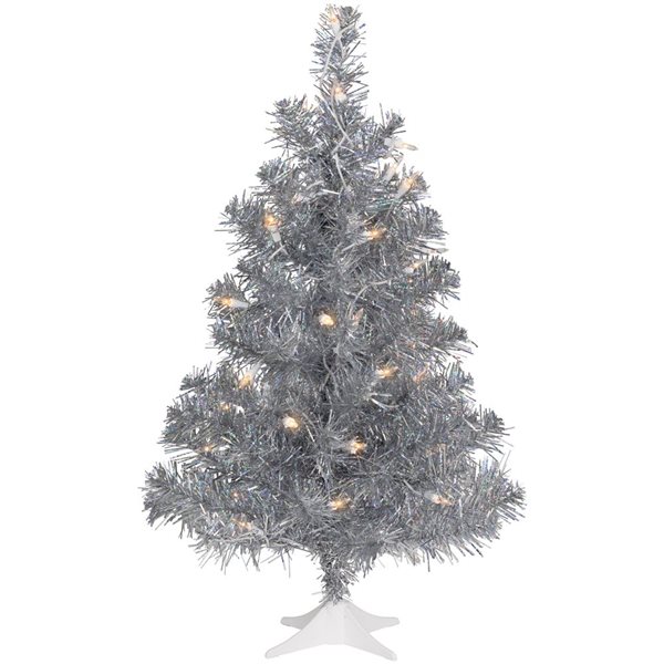 Northlight 2-ft Pre-lit Medium Silver Iridescent Tinsel Pine Artificial Christmas Tree  Clear Lights