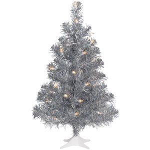 Northlight 2-ft Pre-lit Medium Silver Iridescent Tinsel Pine Artificial Christmas Tree  Clear Lights