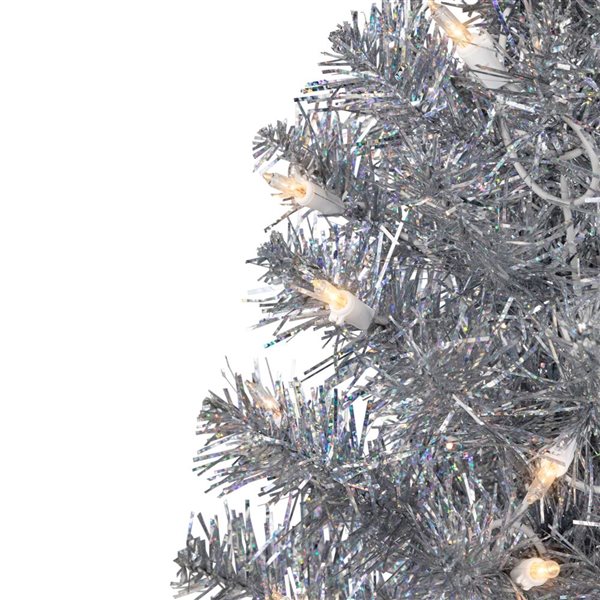 Northlight 2-ft Pre-lit Medium Silver Iridescent Tinsel Pine Artificial Christmas Tree  Clear Lights