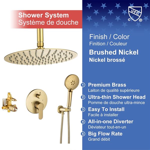 RAINLEX 10-in 1-Handle 2-Spray Round Showerhead Rainfall Shower Faucet with Valve in Brushed Gold